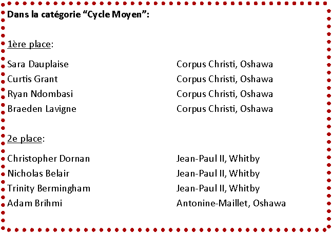 Zone de Texte: Dans la cat�gorie �Cycle Moyen�:1�re place:Sara Dauplaise					Corpus Christi, OshawaCurtis Grant					Corpus Christi, OshawaRyan Ndombasi					Corpus Christi, OshawaBraeden Lavigne					Corpus Christi, Oshawa	2e place:Christopher Dornan				Jean-Paul II, WhitbyNicholas Belair					Jean-Paul II, WhitbyTrinity Bermingham				Jean-Paul II, Whitby	Adam Brihmi					Antonine-Maillet, Oshawa